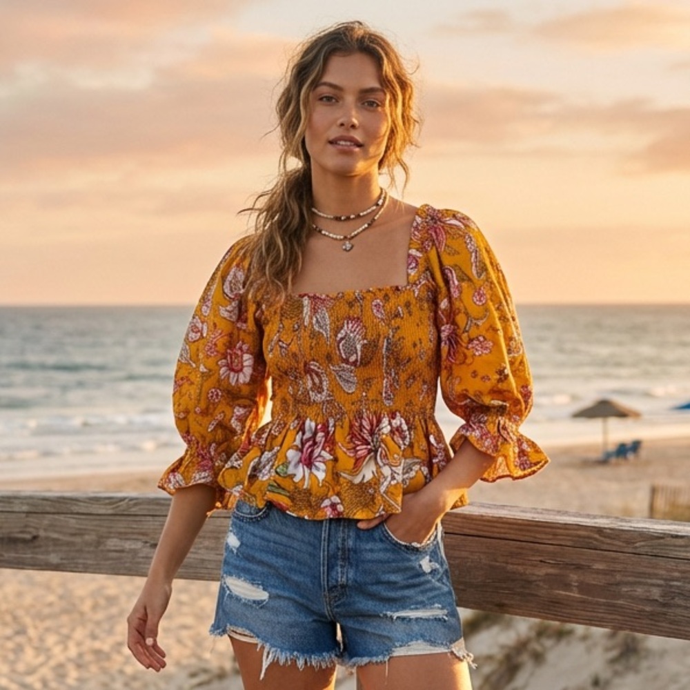 Anthropologie Mustard Yellow Floral Smocked Crop Top